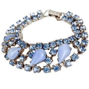 Vintage 1950s Blue Glass Rhinestone Moonglow Bracelet Mid Century Silver Tone